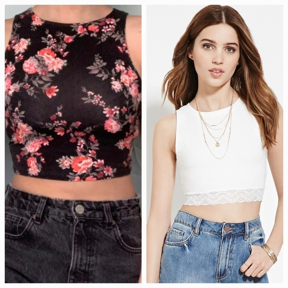 Forever 21 Floral White Crop Tops - Picture 1 of 16